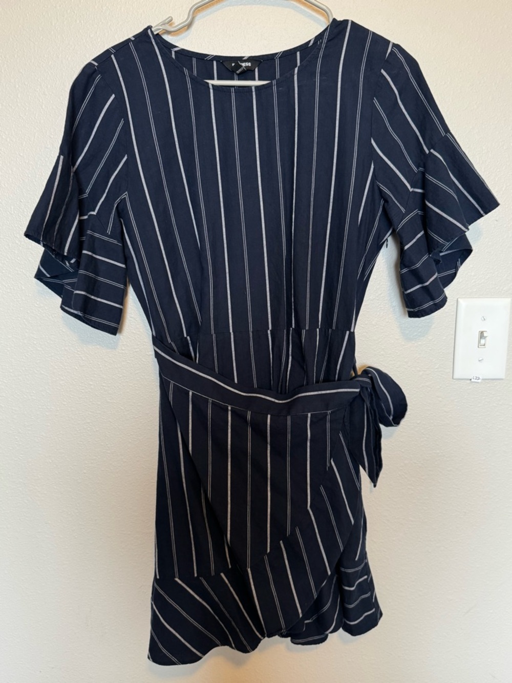 Express Navy and White Striped Tie-Waist Dress Size Medium